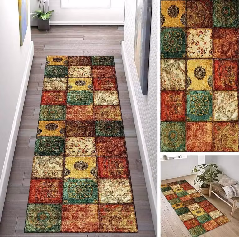Boho kleurrijk vloerkleed loper voor keuken, hal of woonkamer, machinewasbaar met antislip, 90 x 350 cm