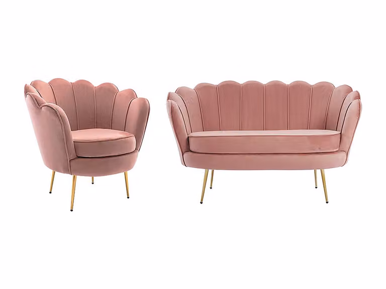 DANDELION Zitbank voor 2 personen en fauteuil in roze fluweel met schelpvorm