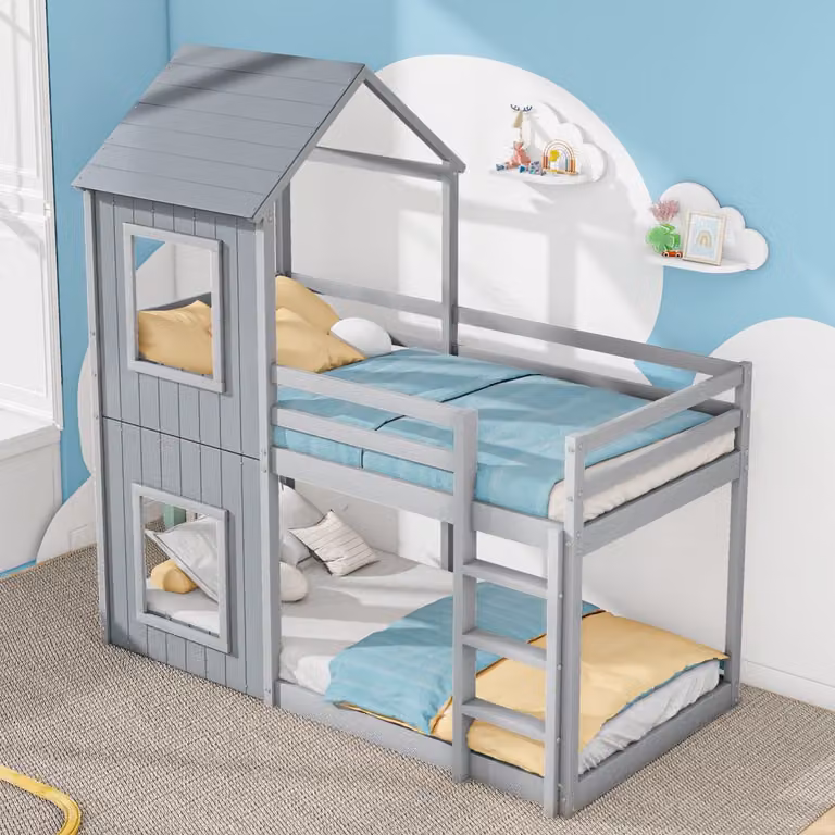 Mivray Stapelbed voor kinderen in boomhutdesign met hemel, ladder en veiligheidshek, grijs grenenhout, 90 x 200 cm