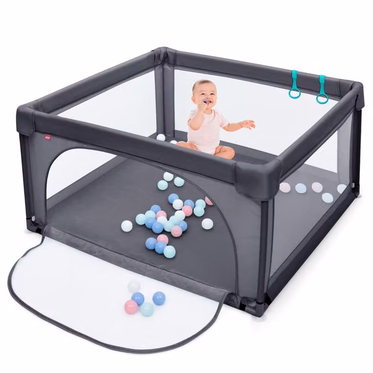 Costway Babybox Grondbox met 50 Speelballen en Ademend Gaas, Donkergrijs, B/D/H: 126 x 126 x 68 cm