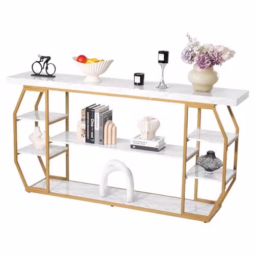 VEVOR Moderne Marmeren Consoletafel met 3 Niveaus, Gouden Geometrische Haltafel voor Woonkamer en Hal, B/D/H: 180 x 35 x 91 cm