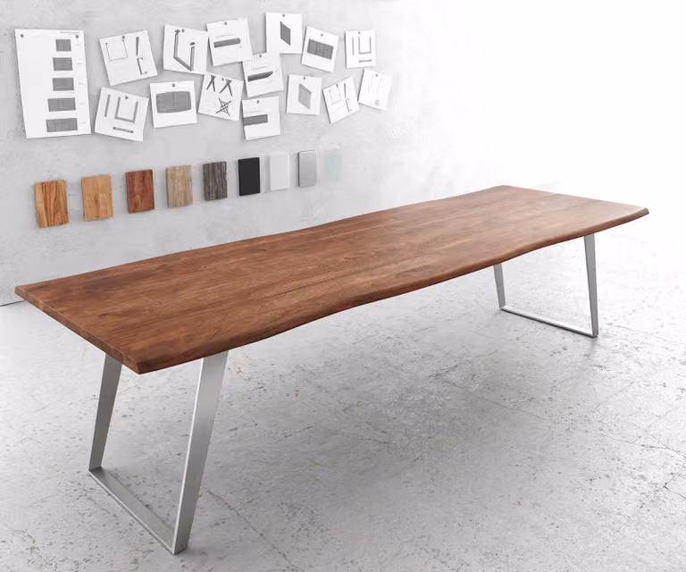 DELIFE Eettafel Edge met Live-Edge acacia hout en zilverkleurig metalen onderstel, Bruin, B/D/H: 300 x 100 x 74,5 cm