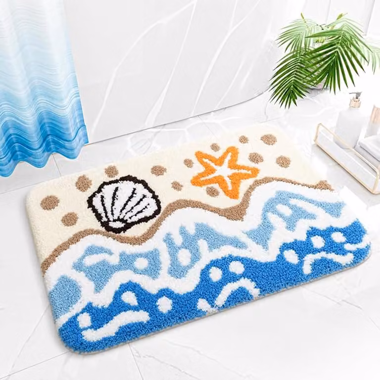 Waterfront badkamermat met maritiem strandpatroon, anti-slip mat met 3D zeester en schelp design