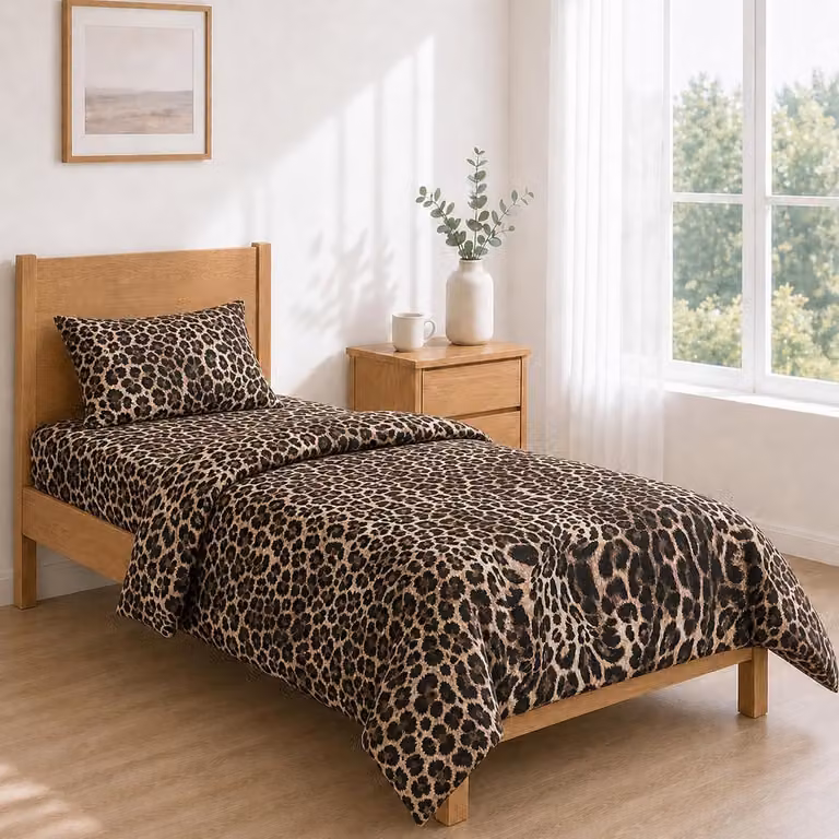 Bedrukt lakenset Leopardato voor eenpersoonsbed 90x200 cm en tweepersoonsbed 160x270 cm met kussenslopen 50x80 cm