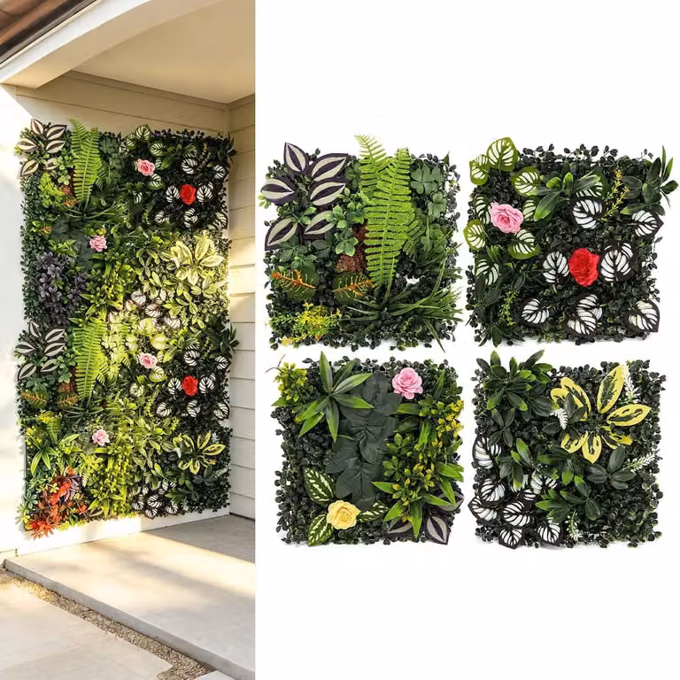 Set van 4 kunstplanten wandpanelen - Groene decoratie voor tuin, balkon en woonkamer - 25 x 25 cm