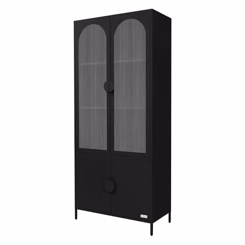 ML-Design Metalen Vitrinekast Zwart met 4 Glazen Deuren, Hoogte: 185 cm