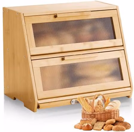 VEVOR Dubbellaagse broodtrommel voor aanrecht, Bruin, Bamboe en Acryl, Scandinavisch design