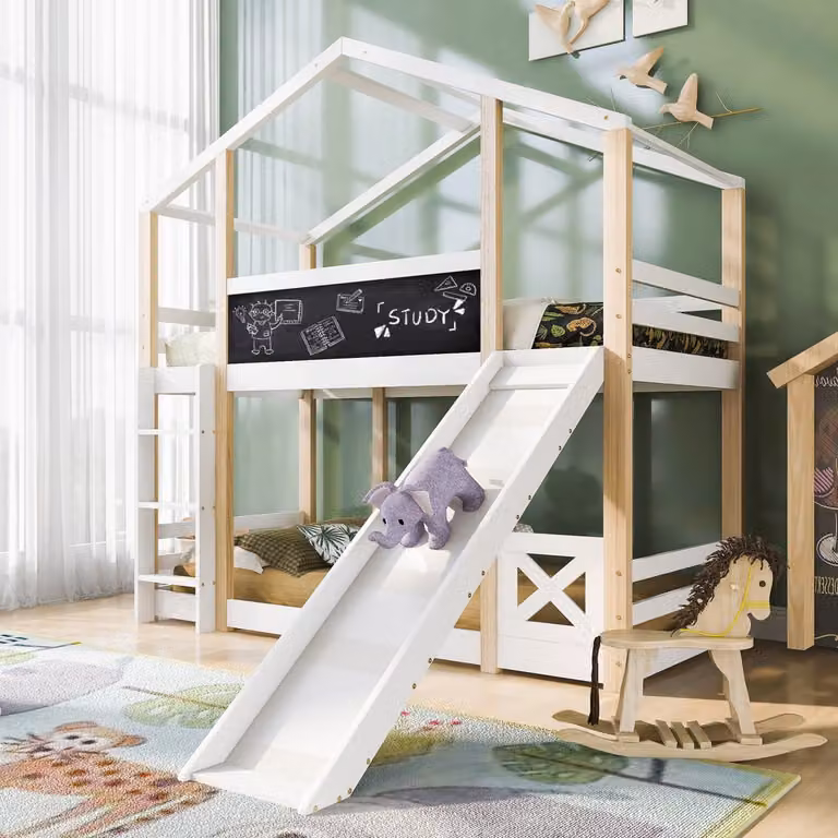 FloraGrace Kinder Hoogslaper 90x200 cm – Met Glijbaan, Ladder en Krijtbord – Boomhuisbed van Massief Hout – Wit