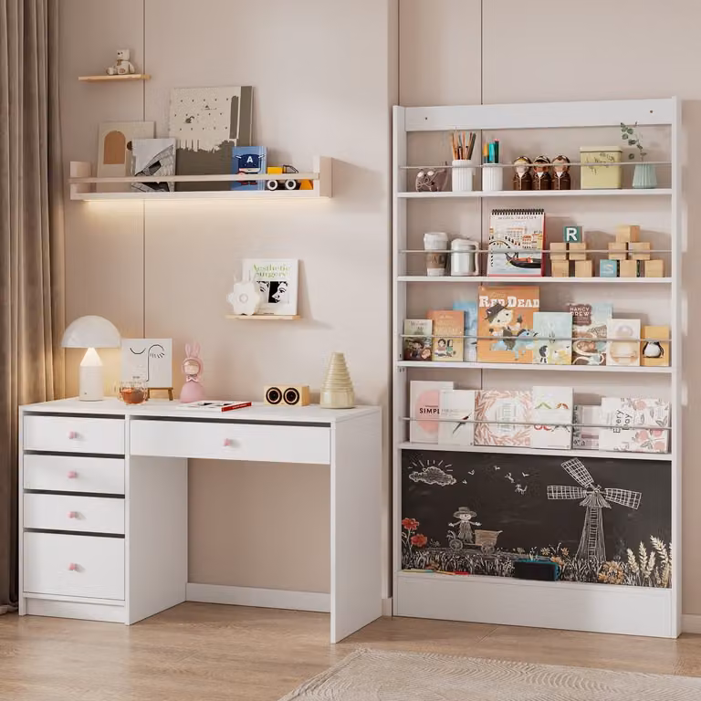 STILVORA Bureau en Boekenkast Set met 5 Laden en Krijtbord, Wit, B/D/H: 120 x 45 x 74 cm