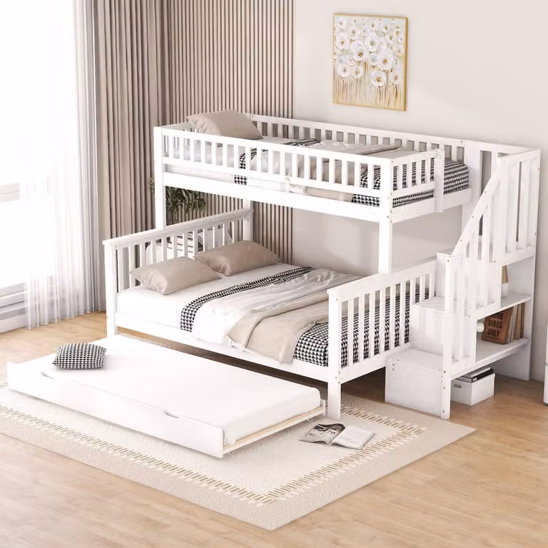 Wit stapelbed voor de kinderkamer met opbergtrap en uitschuifbed, Boven: 90 x 200 cm, Onder: 140 x 200 cm