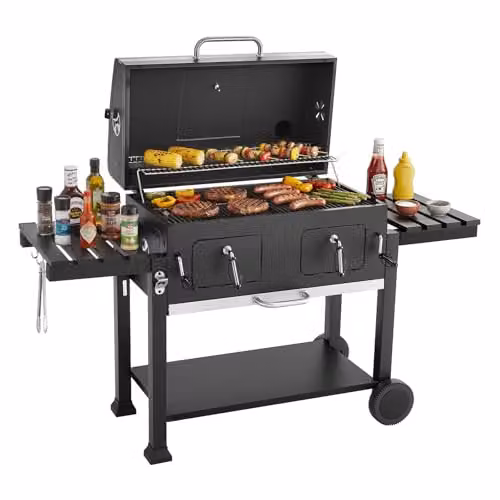 VEVOR Houtskoolgrillwagen met wielen en warming rack, zwart, geglazuurd staal