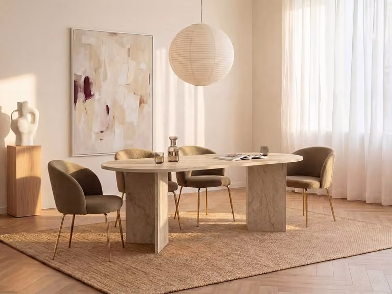 TOPANIA Eettafel voor 8 personen in beige travertijneffect, rechthoekig met afgeronde hoeken, B: 200 cm x D: 90 cm x H: 74,7 cm