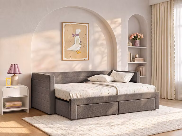 CAMITY Bedbankje met bedbodem en lades, Taupegrijs, B/D/H: 200 x 80 x 20 cm