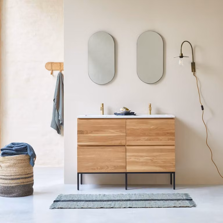 Tikamoon Nova Badkamermeubel van massief eiken en moon premium terrazzo - Beige - Breedte: 121 cm, Hoogte: 90 cm, Diepte: 46 cm