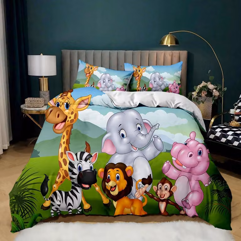 Dekbedovertrekstel met tekenfilmdieren voor kinderen, luxe microvezel, omkeerbaar, 259,8 x 220,2 cm, inclusief 2 kussenslopen