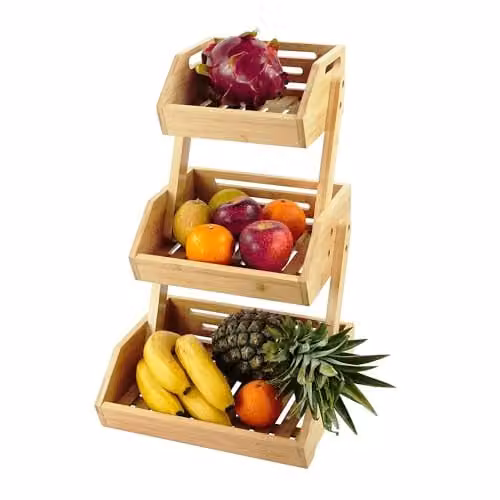 Relaxdays Fruitmand etagère van bamboe, 3 laags, rechthoekig, beige/bruin, B: 49 cm, D: 30 cm, H: 25 cm