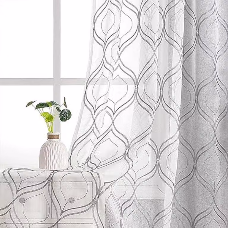 Set van 2 Marokkaans geborduurde trellis gordijnen, transparant, B: 137 cm, H: 274 cm