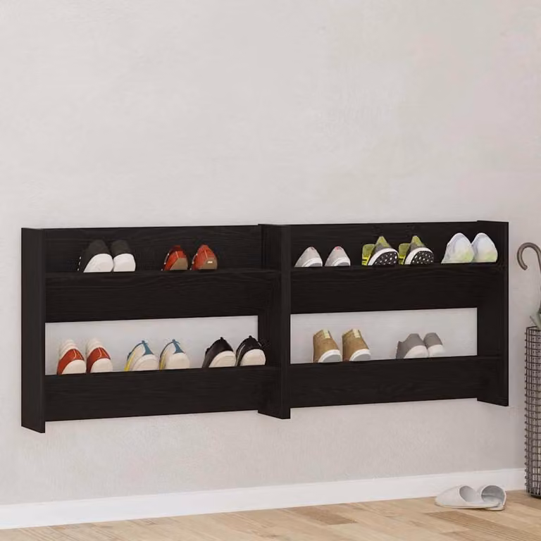 Set van 2 wandmontage schoenenkasten in zwart eikenlook voor in de gang, B: 80 cm, D: 18 cm, H: 60 cm