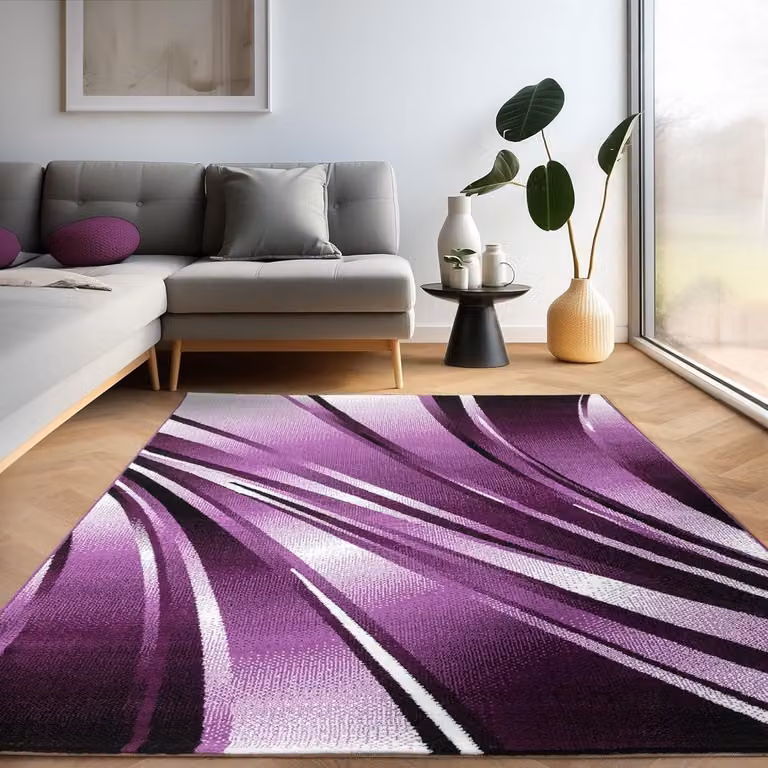 Modern Vloerkleed met Geometrisch Golfpatroon Zwart Violet Wit B/D: 120 x 170 cm