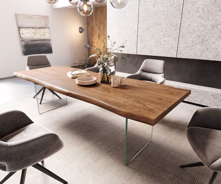 DELIFE Eettafel Edge XL met acacia hout en glas, Bruin en Transparant, B: 260 cm, D: 100 cm, H: 76,5 cm