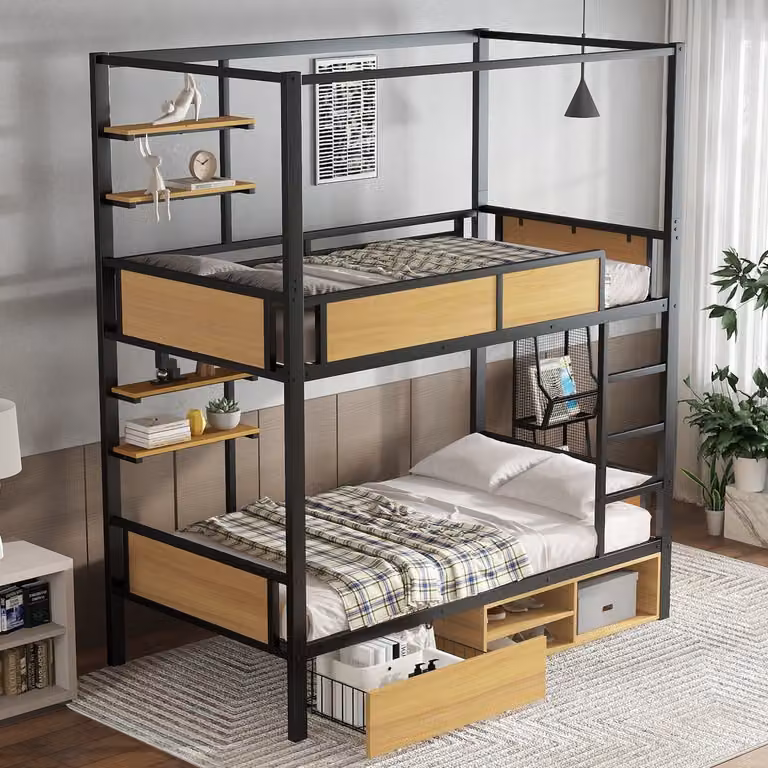 MIVRAY Stapelbed voor kinderen met lades op wielen en opbergvakken, Zwart Naturel, 90 x 200 cm