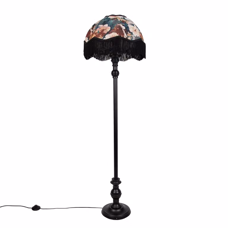 Qazqa Vloerlamp zwart met bloemen kap en witte binnenkant, Hoogte: 45 cm