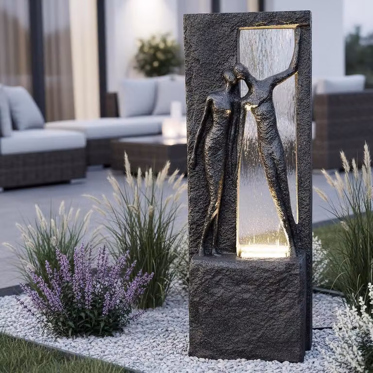 Bronskleurige Tuinfontein met LED en Waterfilm over Glas, Hoogte: 99,5 cm