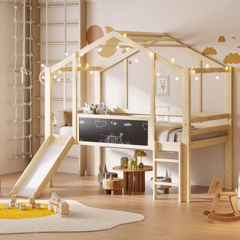MODENUIT Hoogslaper met Glijbaan, Ladder en Krijtbord – Huisframe met Veiligheidshekken – Naturel – 90 x 200 cm