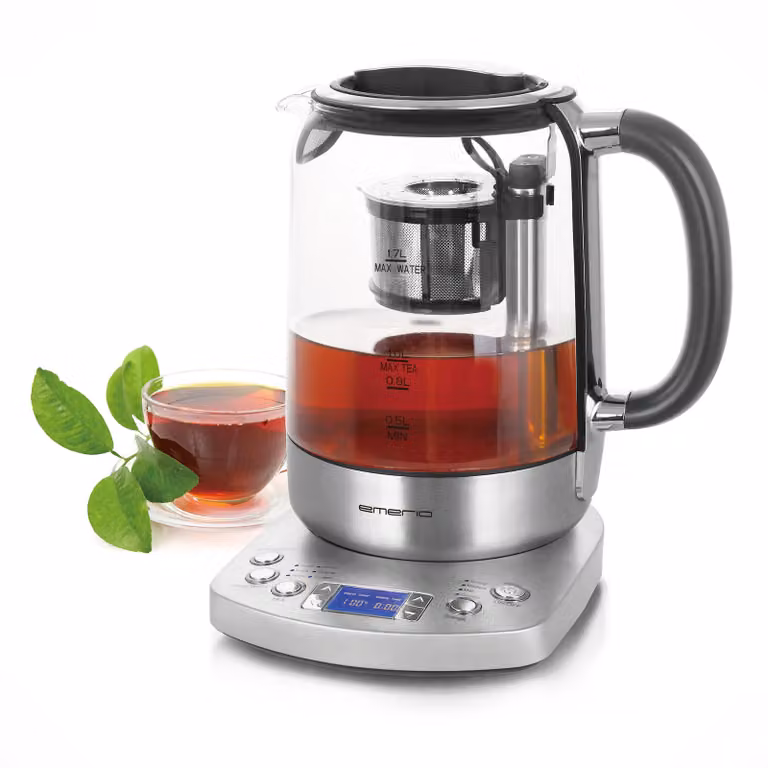 Emerio Glazen Waterkoker WK-122248 – 1,7 liter – 2200 W – Digitaal – 5 temperatuurstanden – Warmhoudfunctie – Automatische theezeef – RVS/Glas