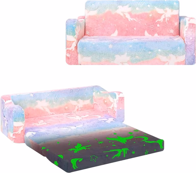 2-in-1 Opvouwbare Kindersofa Bed met Eenhoorn Motief en Glow in the Dark Effect, Extra Groot, Roze
