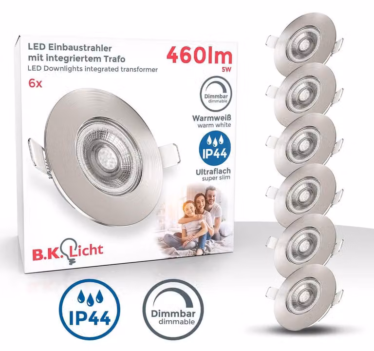 B.K.Licht Set van 6 ronde LED inbouwspots, dimbaar, IP44, 5W, plat ontwerp voor badkamer en woonkamer