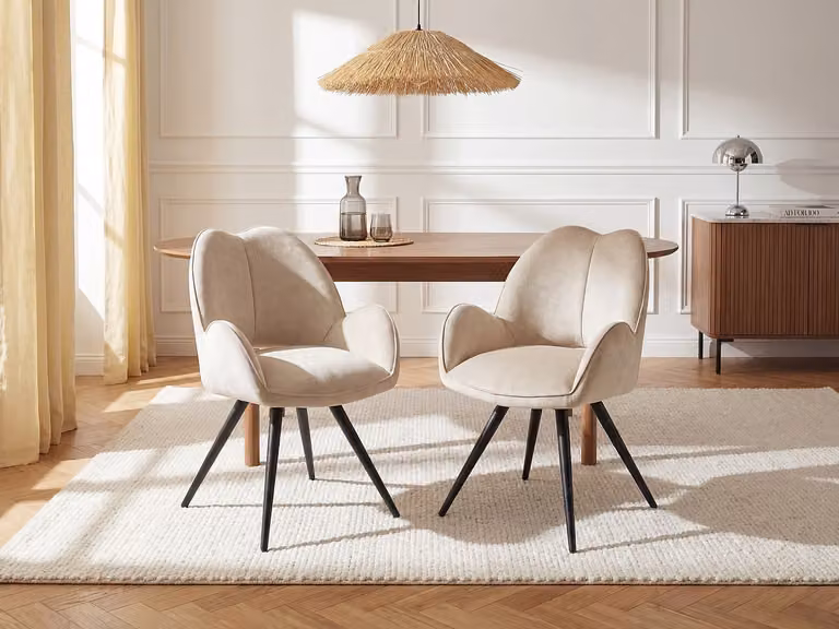 Set van 6 beige draaistoelen met armleuningen van stof en zwart metaal - GULSUN van Maison Céphy