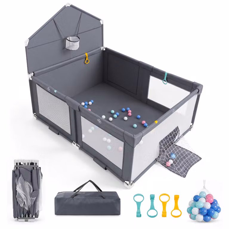 Costway Vouwbaar Babypark voor kinderen van 0-3 jaar, Donkergrijs, 223 x 150 cm
