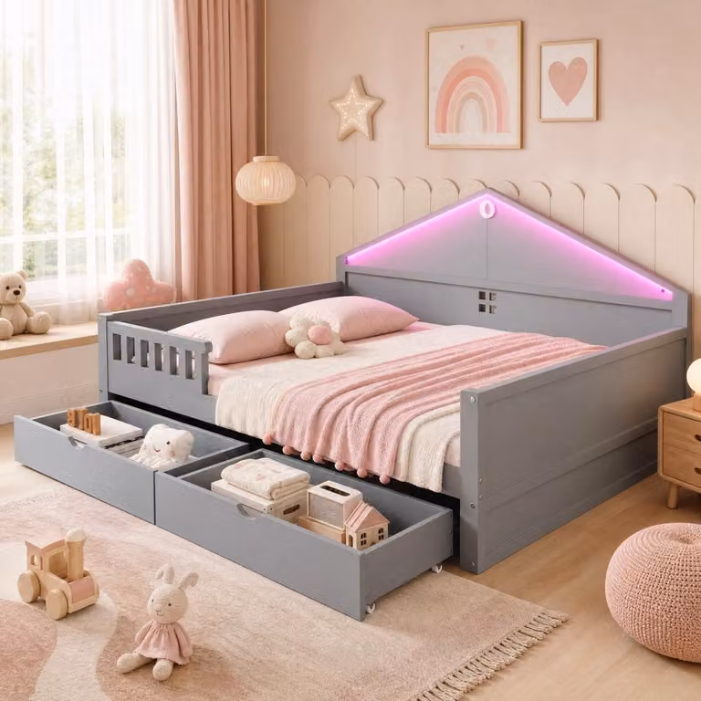 MODENUIT Bed voor kinderkamer of jeugdkamer met LED-lichtstrip en 2 laden, Grijs, 140 x 200 cm
