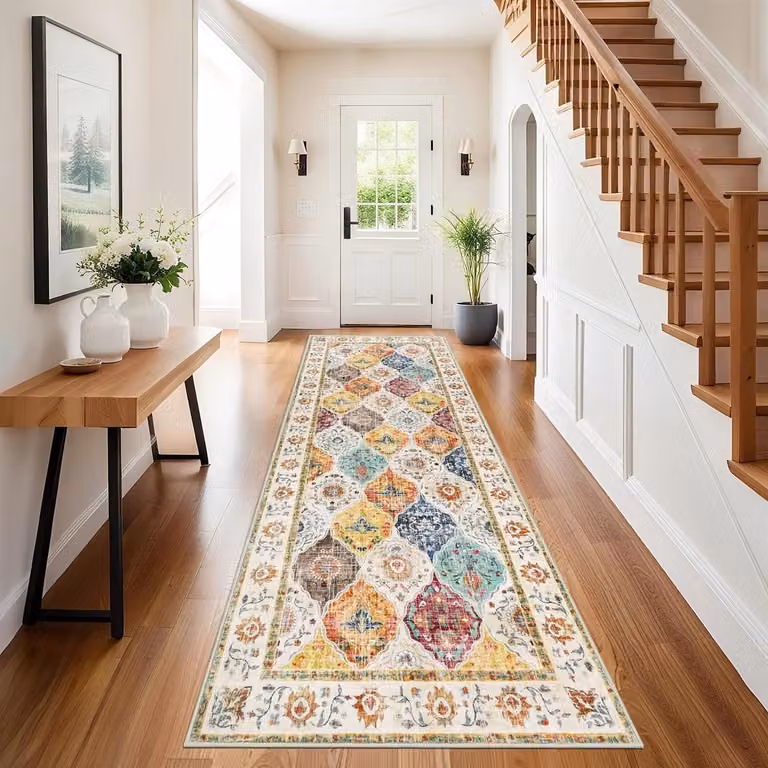 Boho Stijl Kleurrijk Gangtapijt met Abstract Motief, Antislip en Wasbaar, 80 x 300 cm