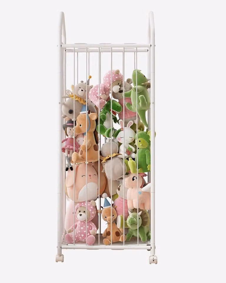 Grote Pluche Speelgoedmand voor Kinderen met 360° Vergrendelbare Wielen en Lade, Verticale Organizer, Wit, H x B x D: 154 x 56 x 35 cm