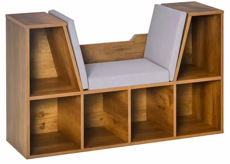 Merkloze houten boekenkast met zitplek en opbergruimte voor kinderen, grijs, B: 102 cm, H: 61 cm, D: 30 cm