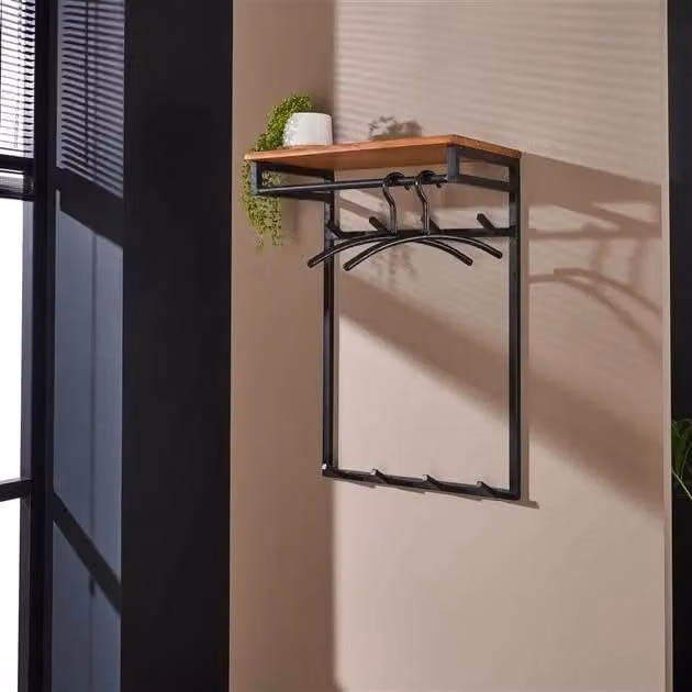 WoonStijl Kapstok Dual Hook and Rail Matrix met 8 haken, Acacia hout en Metaal, zwart/bruin, Hoogte: 55 cm