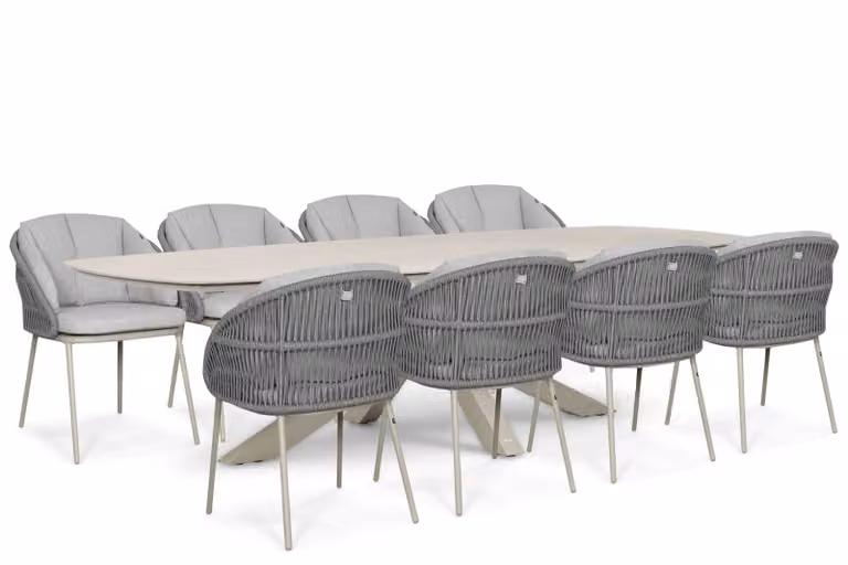 Santika Pebble/Voyage 9-delige moderne tuinset met grijze textiele stoelen, B/D: 300 x 120 cm