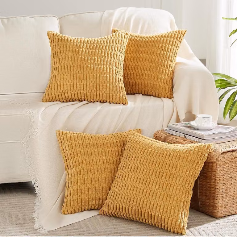 Set van 4 mosterdgele gestreepte corduroy sierkussenslopen, 50 x 50 cm