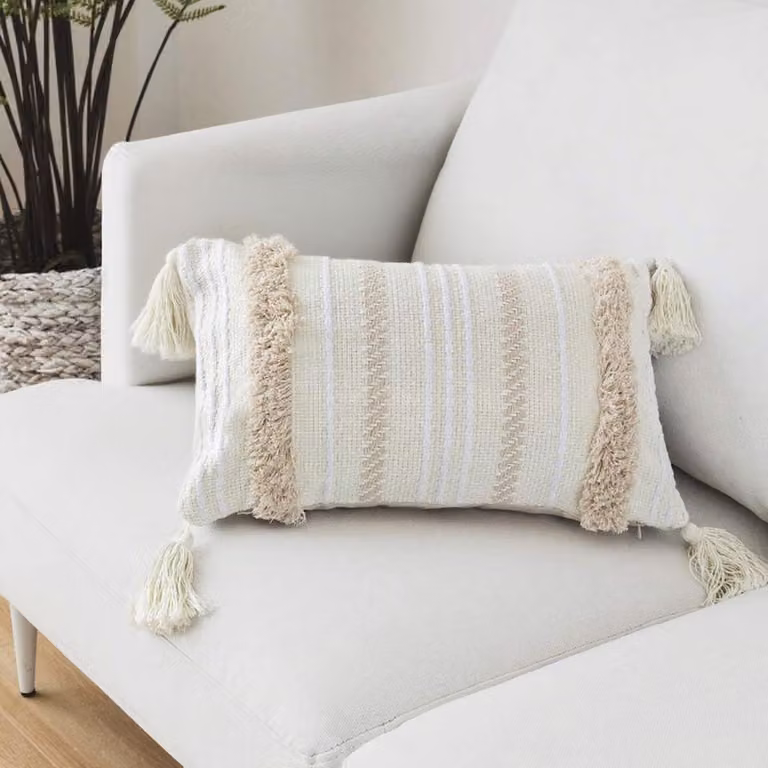Decoratieve Kussenhoes Beige met Kwastjes in Boho Stijl - Geweven Katoen Mix - Rechthoekig