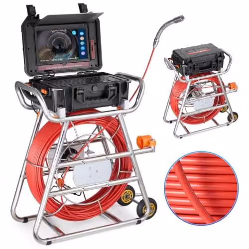 VEVOR Kanaalcamera Rood, 10,1 inch touchscreen, zelfnivellerende buisinspectiecamera met 512 Hz zender en afstandsmeter, 12 LED's, IP67-buiscamera, endoscoop met 32 GB kaart