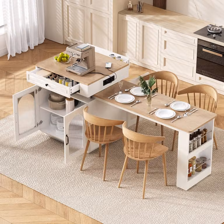 REDOM Keukeneiland met uitschuifbare tafel, ledverlichting en opbergruimte, Scandinavisch design, Wit, B: 128-200 cm, D: 71 cm, H: 92 cm