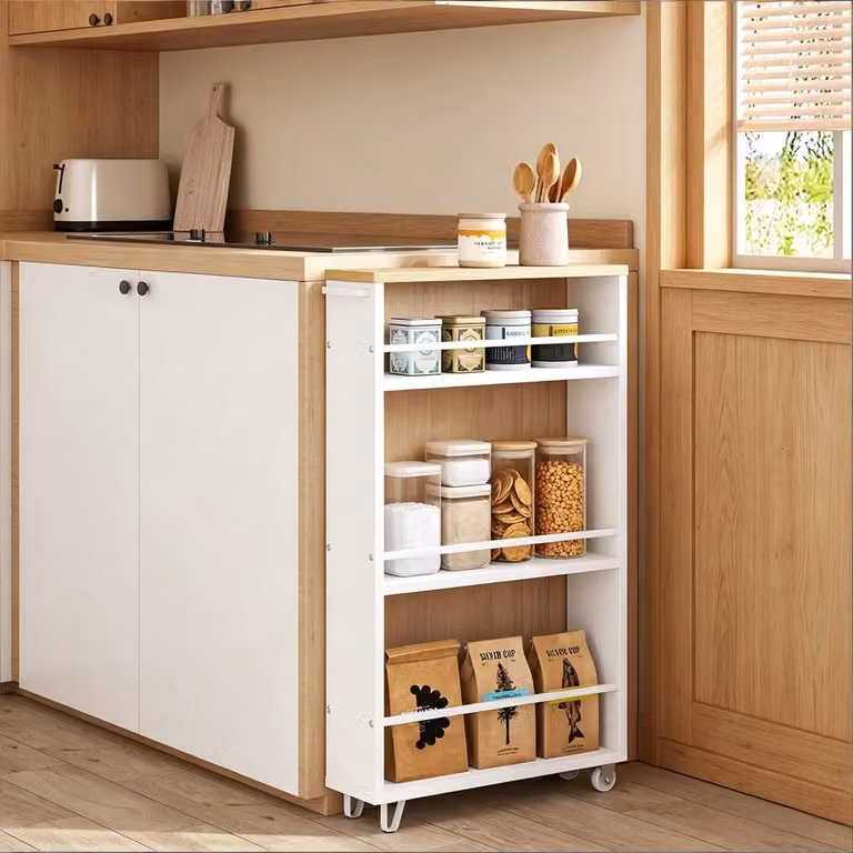 Smalle Keukenwagen met Wielen en 3 Open Planken in Wit Licht Eiken, H: 80 cm, B: 47 cm, D: 13 cm