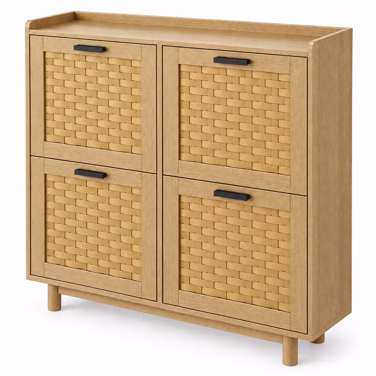 Luxevo Schoenenkast met 8 rekken en 4 lades in Rattan Hout voor tot 16 paar schoenen