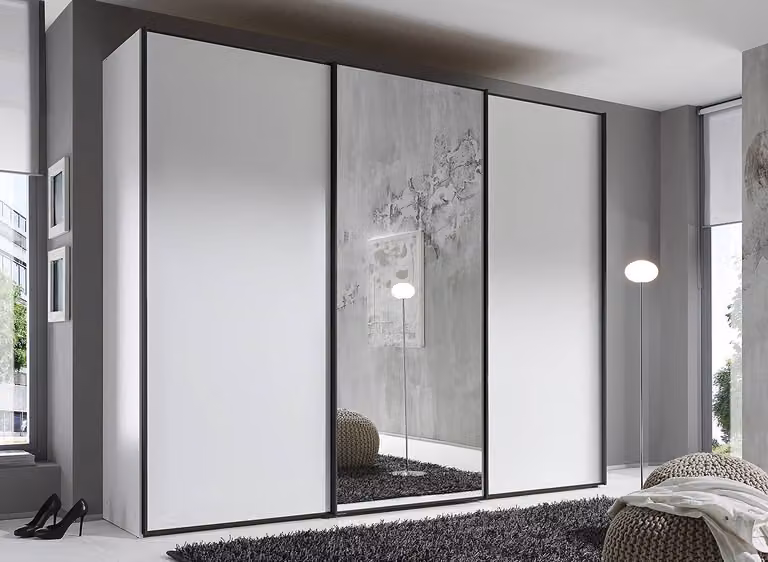 home24 Zweefdeurkast type D met schuifdeuren, wit/grijs, B: 298 cm, H: 222 cm