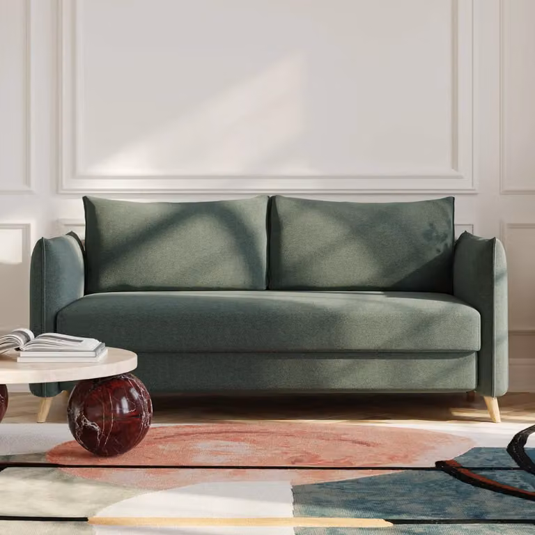 BRUNO slaapbank 160 cm blauw met massief hout en pocketvering