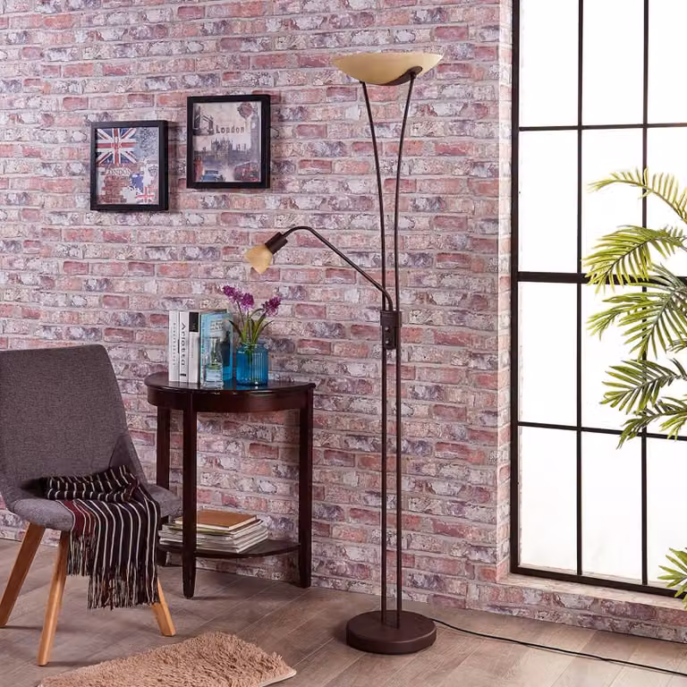 Lindby Felicia vloerlamp met leeslamp, bruin/roest, metaal en glas, landelijke stijl