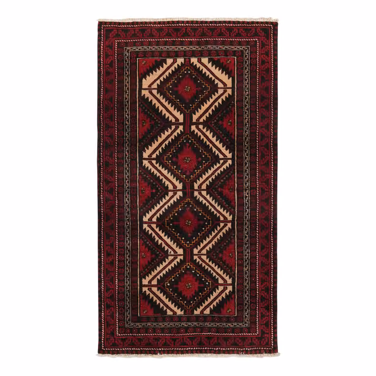 home24 Laagpolig vloerkleed Belutch beige en rood wol B/D/H: 96 x 176 x 0 cm