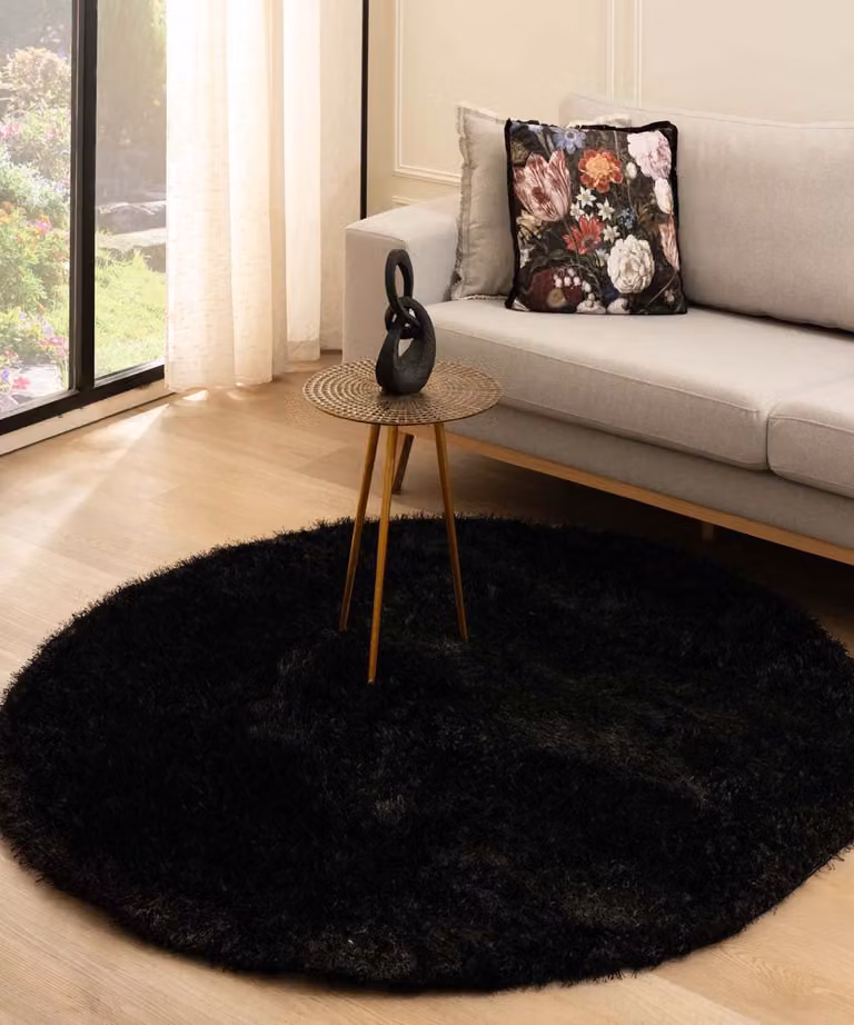Tapeso Velvet vloerkleed rond - Posh zwart - Diameter: 200 cm